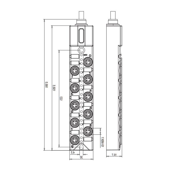 M8 junction box, single channel, PNP, 10-port all-in-one, LED, PVC non-flexible cable, grey sheathed, 23PA31-XXX